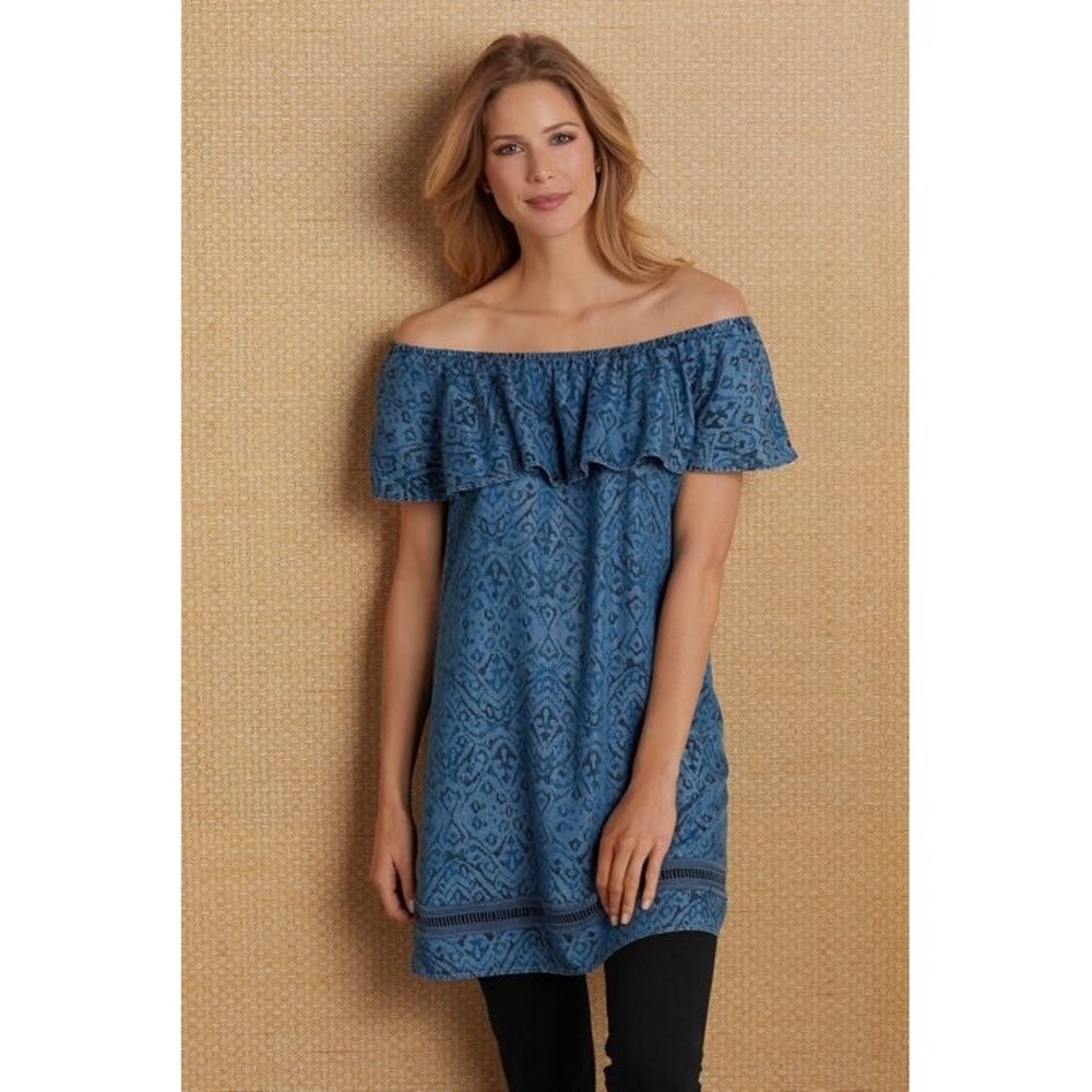 Soft Surroundings Blue Ikat Denim Off Shoulder Shift Dress Womens Size M 2AP58
